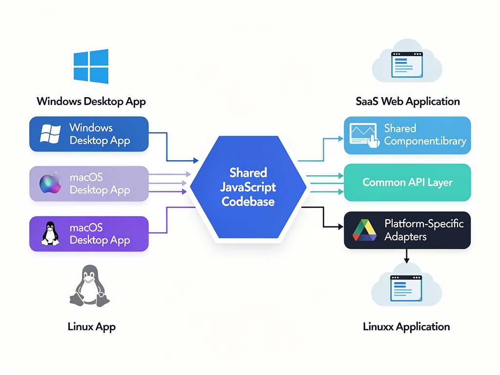 Architecture diagram showing shared codebase between SaaS web application and Electron desktop client, common API layer, shared component library, and platform-specific adapters, clean system architecture style with boxes and connecting lines