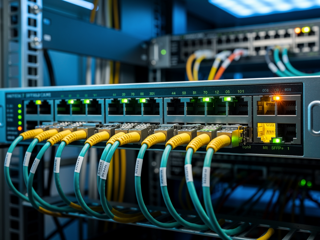 Close-up view of enterprise network switch with multiple fiber optic cables connected, LED status lights glowing green and amber, showing active data transmission in a climate-controlled server room environment