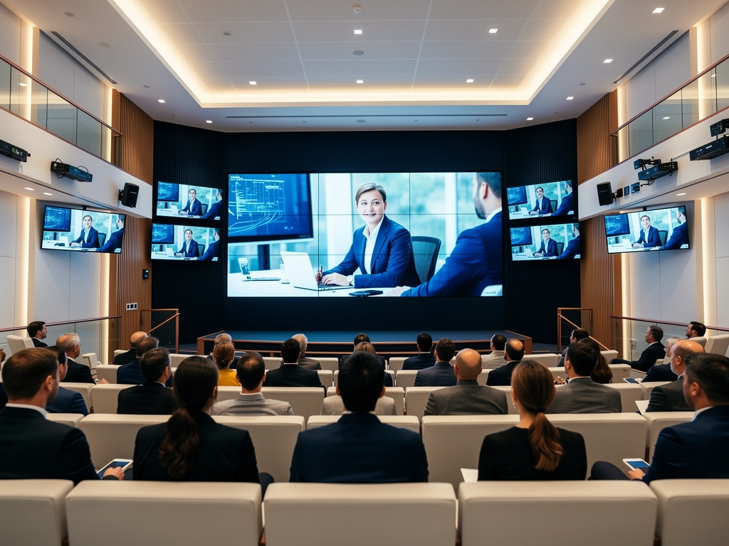 Successful corporate presentation in progress with crystal-clear video displayed on multiple screens throughout a modern auditorium, audience engaged with the content, demonstrating the results of properly configured and maintained AVoIP infrastructure