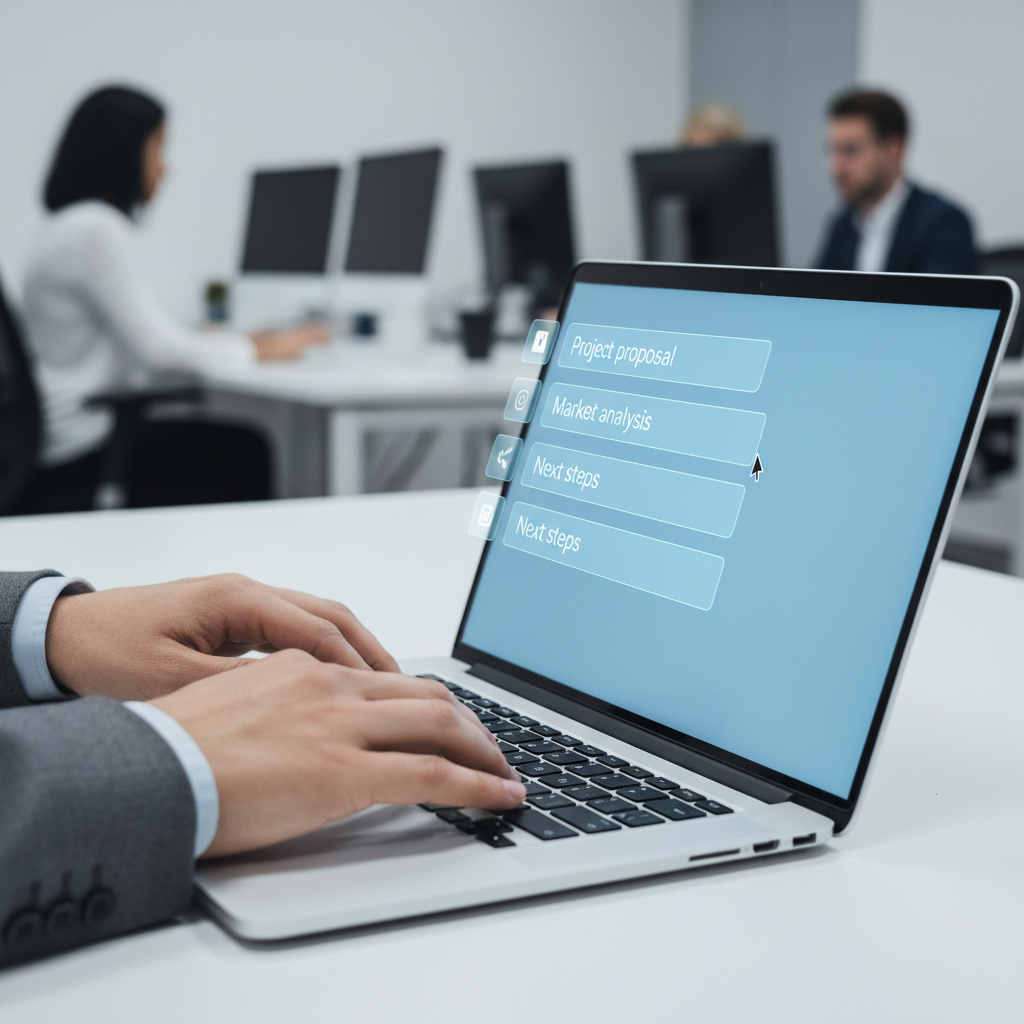 A person working on a laptop with multiple applications open, demonstrating a seamless workflow enhanced by a smart writing assistant.