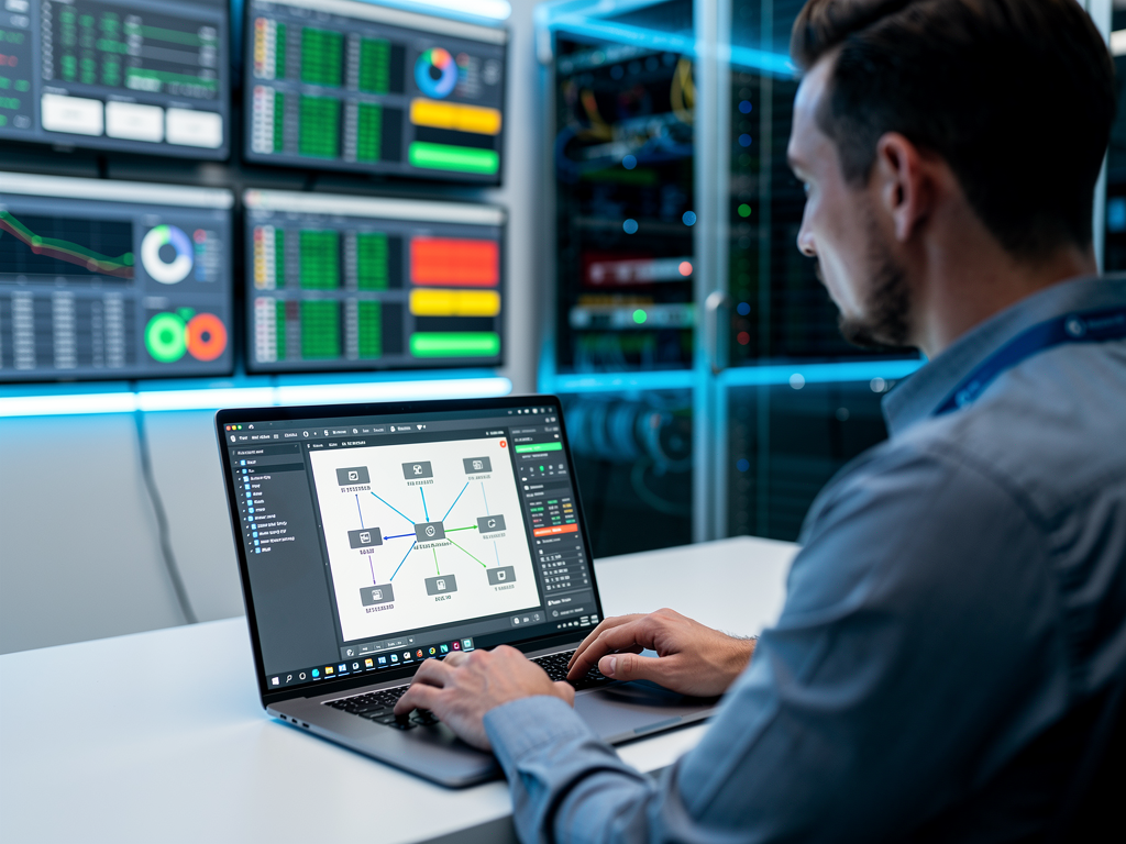 A network engineer using diagnostic software on a laptop to analyze multicast traffic patterns, with packet capture data and network topology diagrams visible on screen in a technical operations center