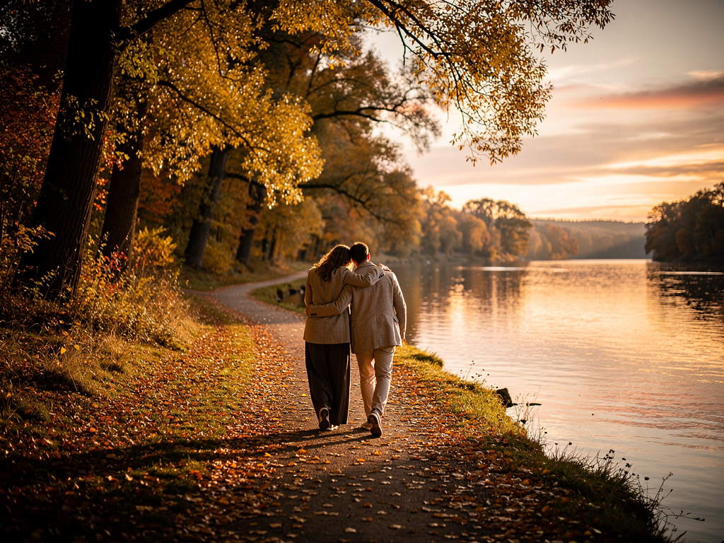 Two people walking together along a peaceful riverside path during golden hour. Trees line the path and autumn leaves are scattered on the ground. They walk close together, their silhouettes suggesting connection and companionship. The warm evening light creates a hopeful, romantic atmosphere.