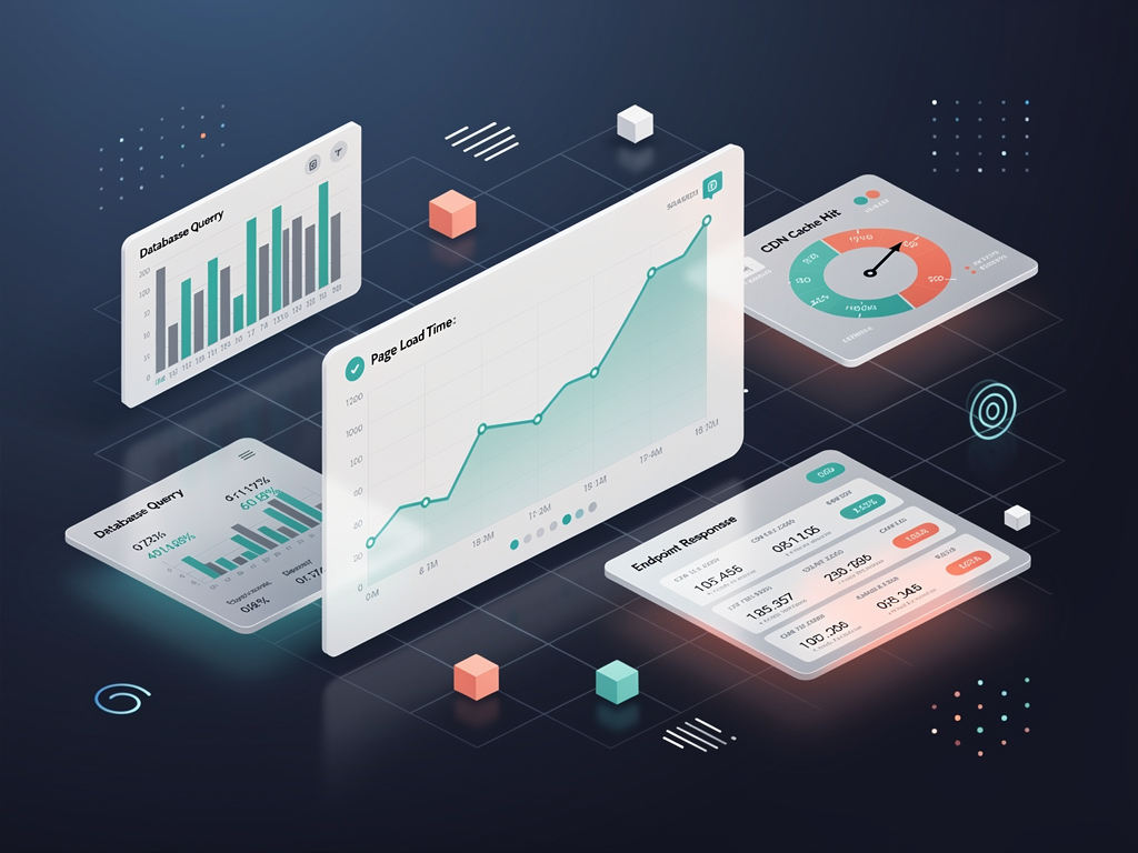 Performance monitoring dashboard displaying real-time metrics including page load times as a line graph trending downward after optimization, database query performance histogram, CDN cache hit rates as a percentage gauge, and a list of slowest endpoints with response times and optimization suggestions