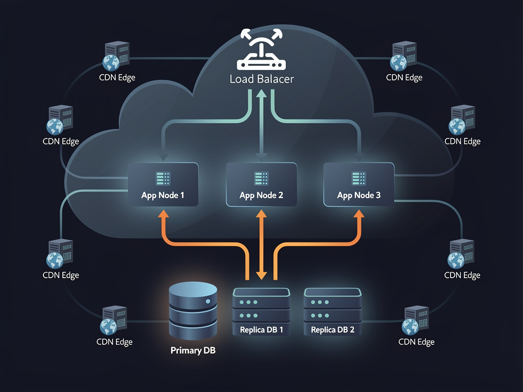 Infrastructure diagram showing deployment architecture with load balancer, application servers, database cluster, and CDN edge nodes, using cloud provider iconography and connection lines to illustrate traffic flow for a multi-tenant SaaS platform
