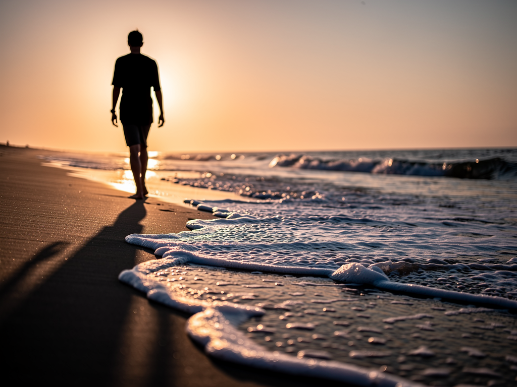 A person walking alone on a peaceful beach at sunset, waves gently lapping at the shore, warm golden light casting long shadows, creating a sense of solitude, reflection, and calm