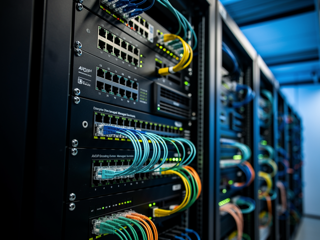 Network equipment rack in a corporate server room showing managed switches with fiber connections, patch panels with neatly organized cables, and AVoIP equipment with blinking activity lights, cool blue ambient lighting