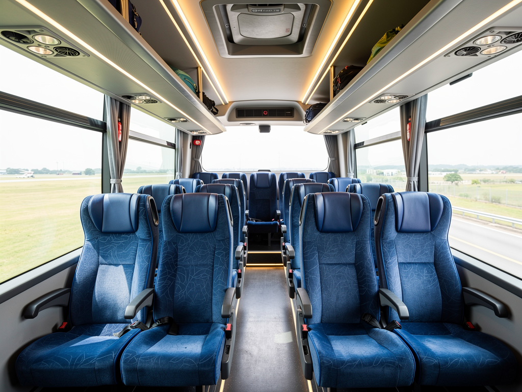 Interior view of a Vayu Vajra Volvo bus showing comfortable blue reclining seats, overhead luggage racks, and air conditioning vents in a clean, well-lit cabin