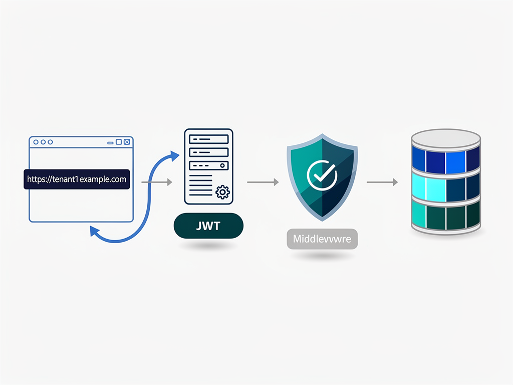 Flowchart showing multi-tenant authentication flow with tenant identification from subdomain, JWT token generation with tenant claims, middleware validation, and database query scoping, illustrated with arrows connecting each step in a left-to-right progression