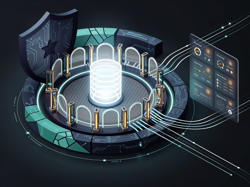 Security architecture diagram showing defense layers including WAF at the edge, authentication middleware, authorization checks, input validation, database query isolation, and encrypted data storage, with security monitoring and alerting systems connected to each layer
