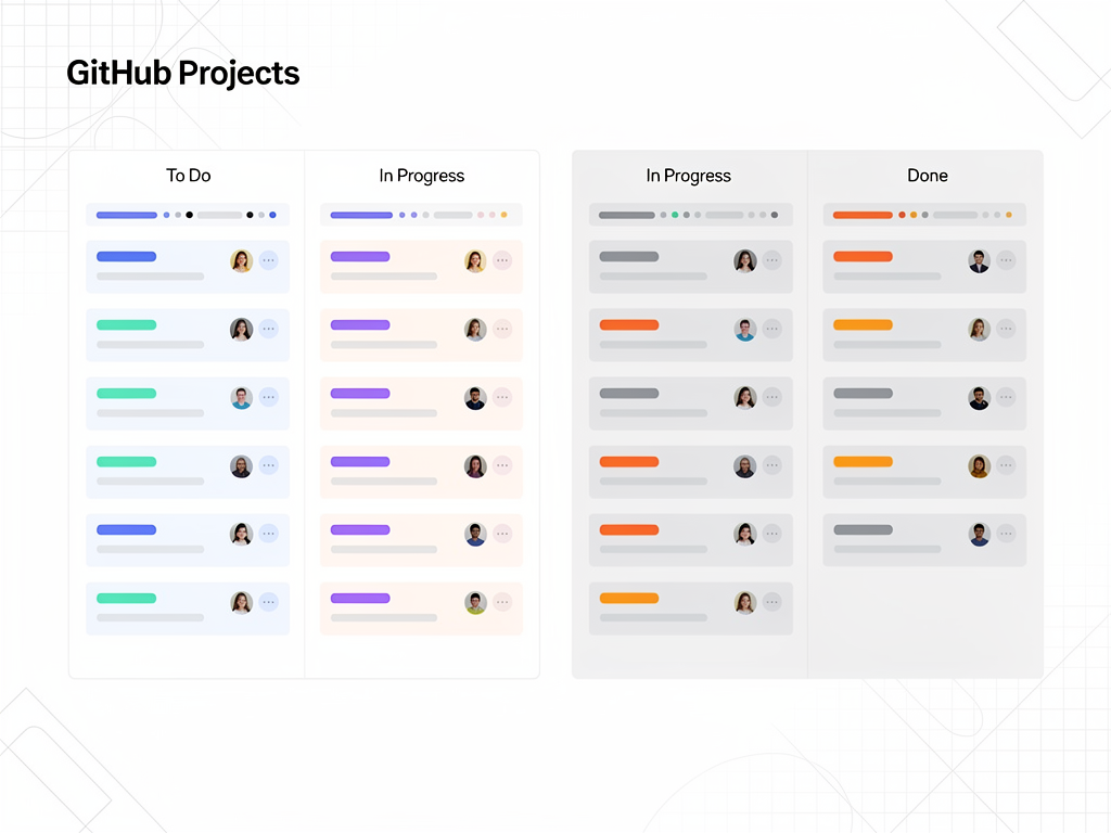 Side-by-side comparison of GitHub Projects board and GitLab issue board interfaces, showing Kanban columns with task cards, labels, assignees, and progress indicators in a clean infographic style with muted colors and clear typography