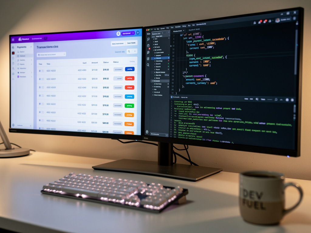 Split screen showing Stripe test mode dashboard on left with test transaction logs and developer console on right displaying webhook event payloads, demonstrating the testing workflow for payment integrations