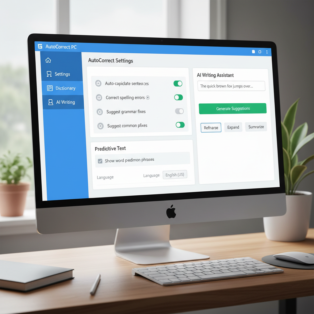 A detailed screenshot of the AutoCorrect PC application interface, showcasing its various features like autocorrect settings, predictive text options, and the integrated AI writing tool. The design is clean and user-friendly.
