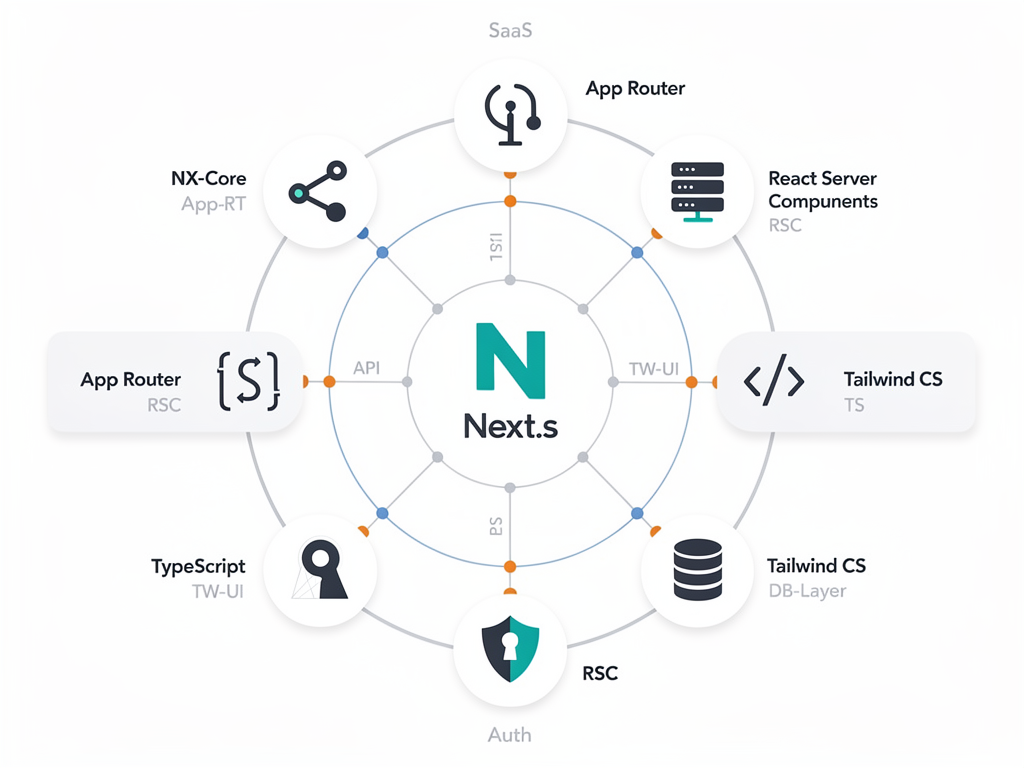 Infographic diagram showing the modern Next.js technology stack with interconnected components including App Router, React Server Components, TypeScript, Tailwind CSS, and database layers, clean icons with connecting lines on white background