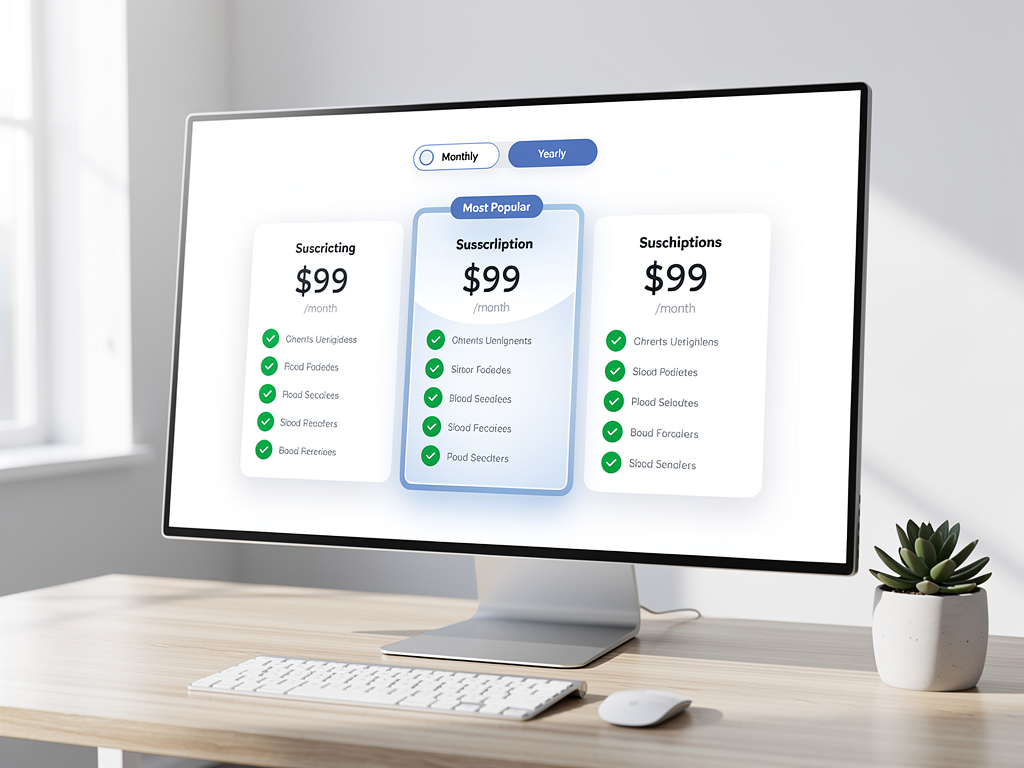 Pricing page design showing three subscription tiers with feature comparison table, monthly and annual pricing toggle, and prominent call-to-action buttons, displayed in a clean modern layout with brand colors and professional typography