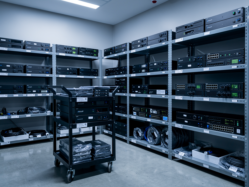 A corporate AV equipment storage room with organized shelving containing spare AVoIP encoders and decoders from various manufacturers, properly labeled and inventoried with asset tags visible in a clean, climate-controlled environment