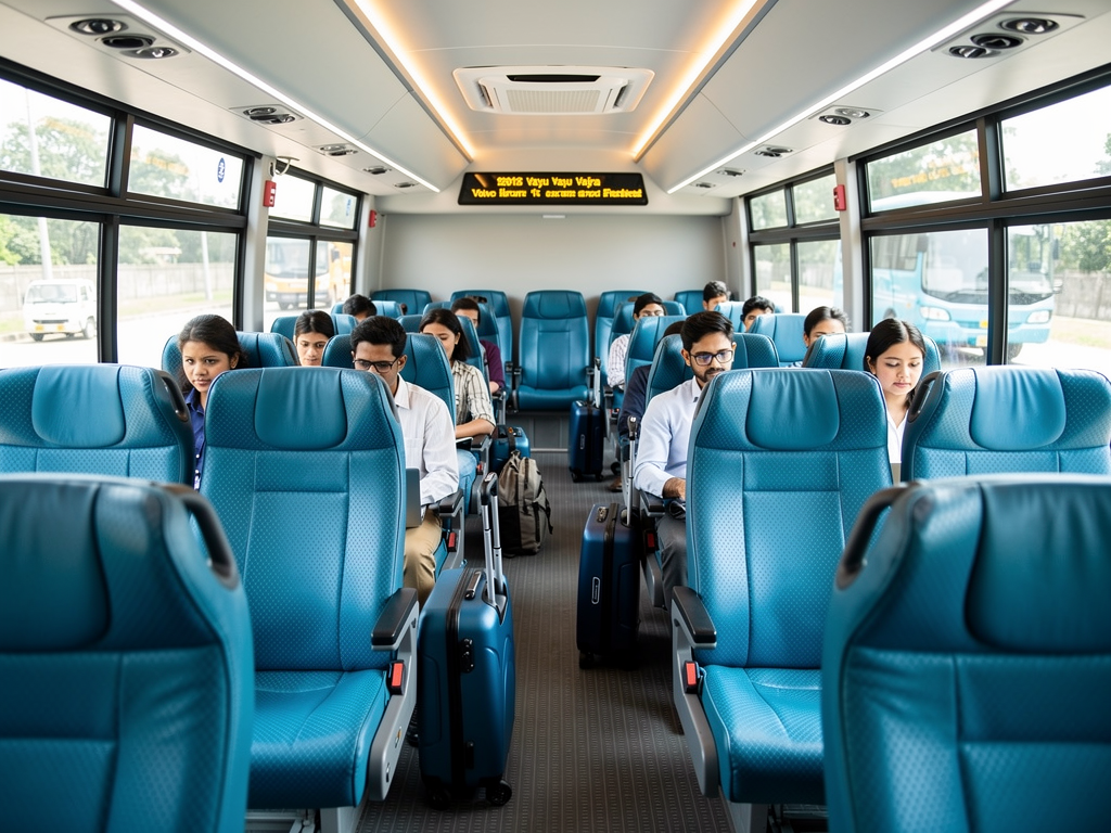 Interior of a BMTC Vayu Vajra Volvo bus showing comfortable blue fabric seats arranged in rows, passengers seated with laptops and luggage, soft natural light streaming through large tinted windows, clean modern aesthetic with destination display visible