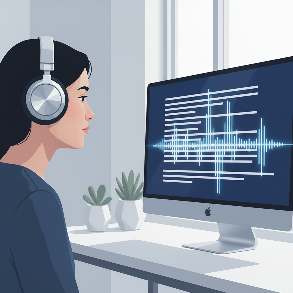 A person wearing headphones listening to a computer screen display text, with a waveform visualization overlaying the text, indicating active text-to-speech playback.