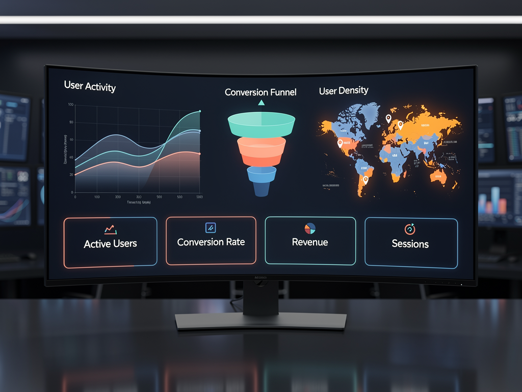 Analytics dashboard displaying multiple widget panels including a line chart of daily active users over time, a funnel visualization showing conversion stages, a geographic heat map of user locations, and key metric cards showing total users, session duration, and bounce rate