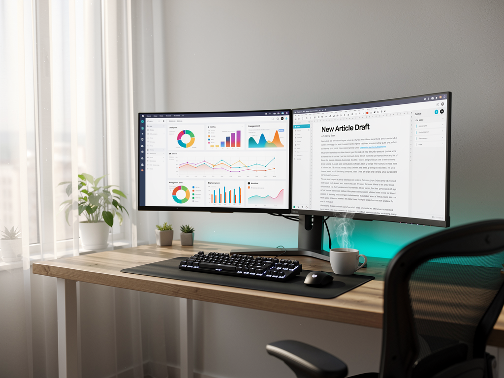 Modern home office workspace with multiple monitors displaying AI content creation dashboards, analytics graphs, and blog editing interfaces, soft natural lighting from large windows, minimalist desk setup with keyboard and coffee cup, professional yet comfortable atmosphere suggesting productive content creation environment