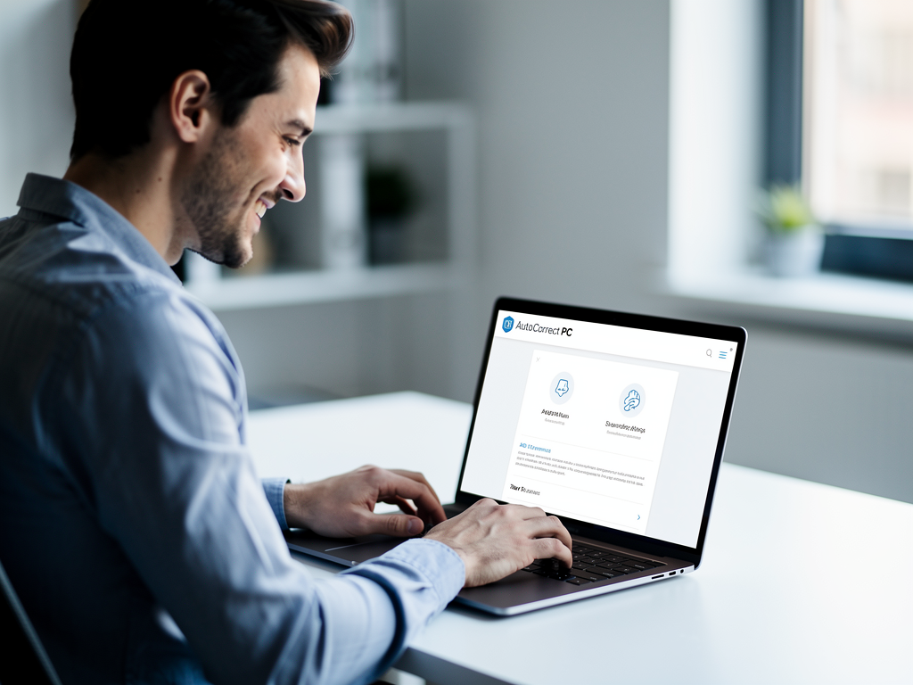 A smiling user confidently typing on a laptop, with the AutoCorrect PC logo subtly visible on the screen, symbolizing ease and efficiency.