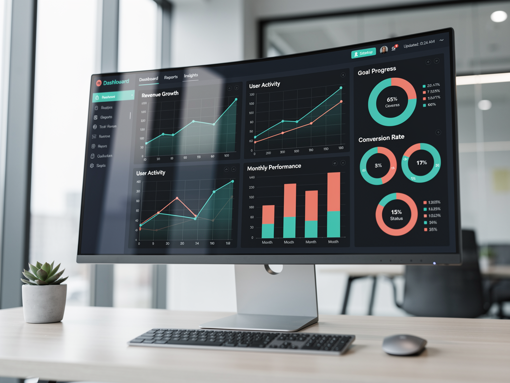 ROI dashboard showing month-over-month comparison charts for content output, organic traffic growth, keyword ranking improvements, and cost-per-article reduction, with upward trending lines and percentage improvement callouts
