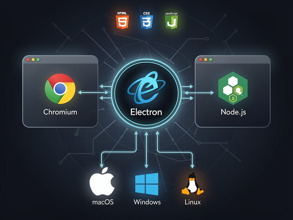 Infographic showing the Electron.js architecture with Chromium rendering engine and Node.js runtime working together, displaying how web technologies HTML CSS and JavaScript combine to create native desktop applications across macOS Windows and Linux platforms, clean modern design with technology icons and flow arrows