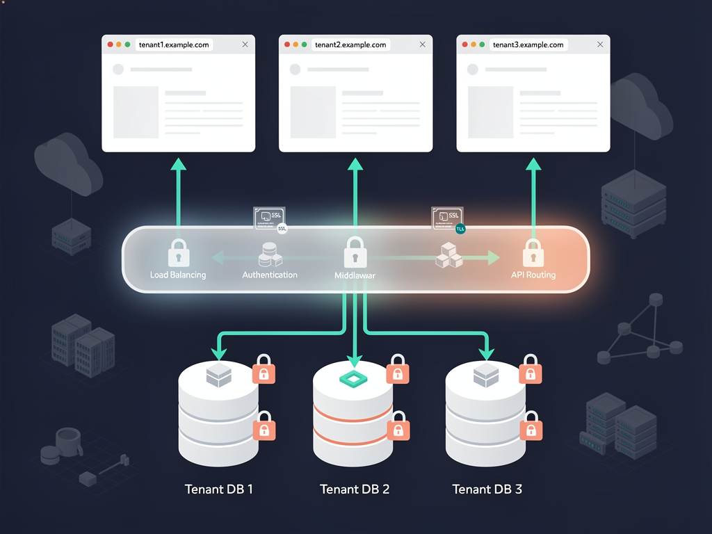 Architectural diagram showing multi-tenant SaaS structure with multiple client subdomains connecting through a middleware layer to isolated tenant databases, with SSL certificates and custom domain routing illustrated with connecting arrows and cloud infrastructure icons