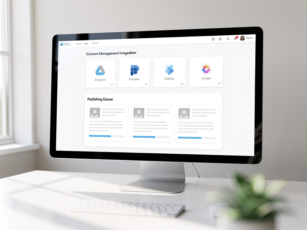 A dashboard interface showing content management system integration settings with connected platform logos for WordPress, Shopify, Webflow, and Ghost CMS, displaying publishing queue status and scheduled article previews in a clean, modern user interface design