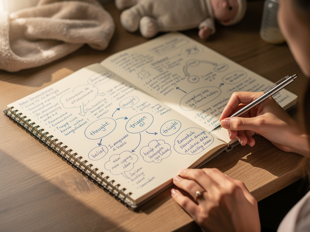 An open notebook on a wooden desk showing handwritten notes with thought bubbles and arrows connecting different concepts, illuminated by natural window light, representing the process of mapping thoughts and feelings in CBT