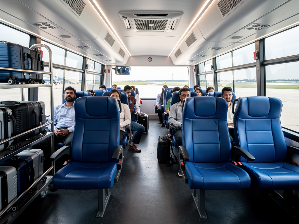Interior view of a modern Vayu Vajra bus showing comfortable blue seats, air conditioning vents, and dedicated luggage storage area with passengers seated comfortably