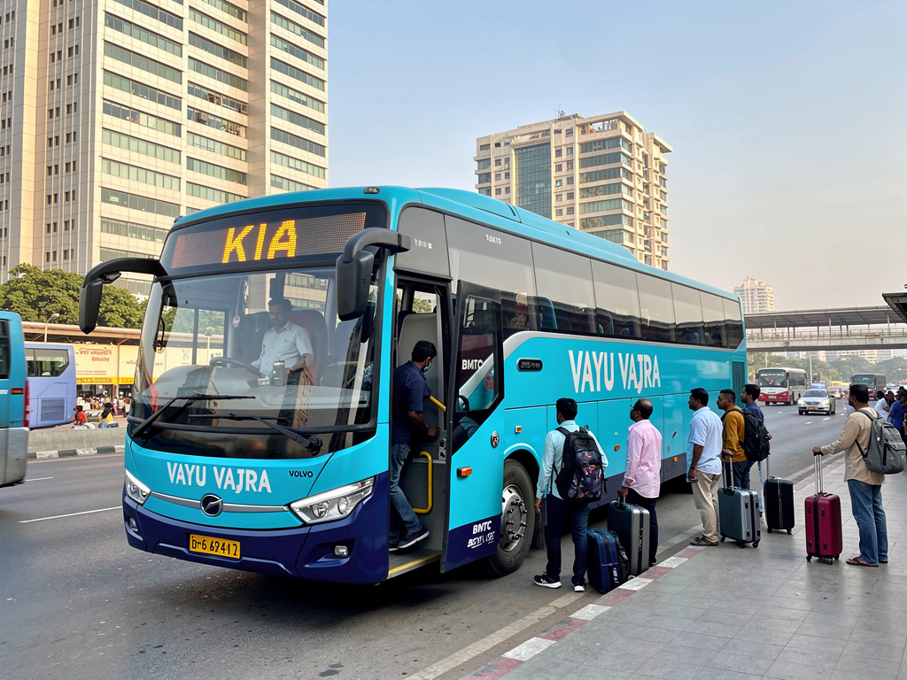 A modern BMTC Vayu Vajra Volvo bus at a busy city terminal, with passengers boarding through the front door while carrying luggage, urban Bangalore buildings visible in the background, bright daylight illuminating the cyan-blue and dark-blue livery of the coach