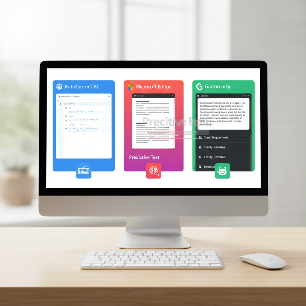 A comparison table contrasting the features of AutoCorrect PC, Microsoft Editor, and Grammarly, highlighting differences in system-wide support, predictive text, and AI writing capabilities.