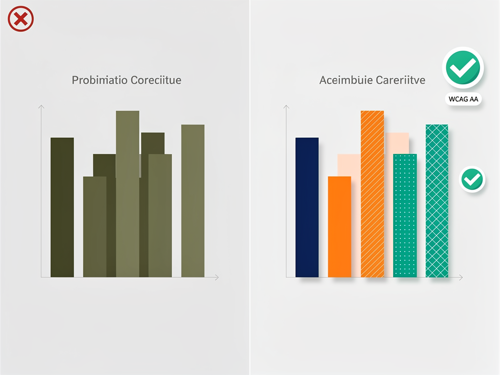 Split screen showing the same Chart.js bar chart viewed through a color blindness simulator on the left with problematic color choices that appear indistinguishable, and an accessible version on the right using patterns and high-contrast colors that remain distinguishable, with WCAG compliance indicators