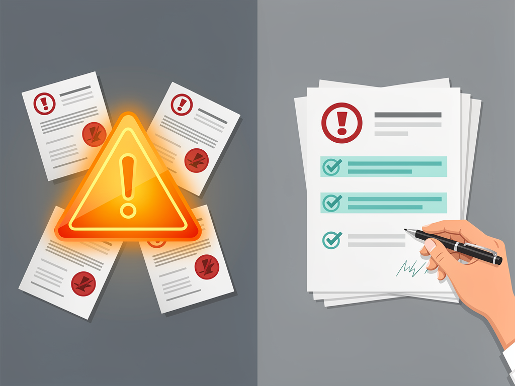 A warning sign concept image showing common AI content mistakes, red flags and caution symbols overlaid on content production imagery, educational infographic style, clear visual hierarchy highlighting key pitfalls to avoid