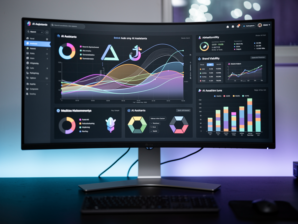 Dashboard visualization showing brand visibility metrics across multiple AI platforms including ChatGPT, Perplexity, and Google AI Overviews, with trend lines and citation counts displayed in a modern analytics interface