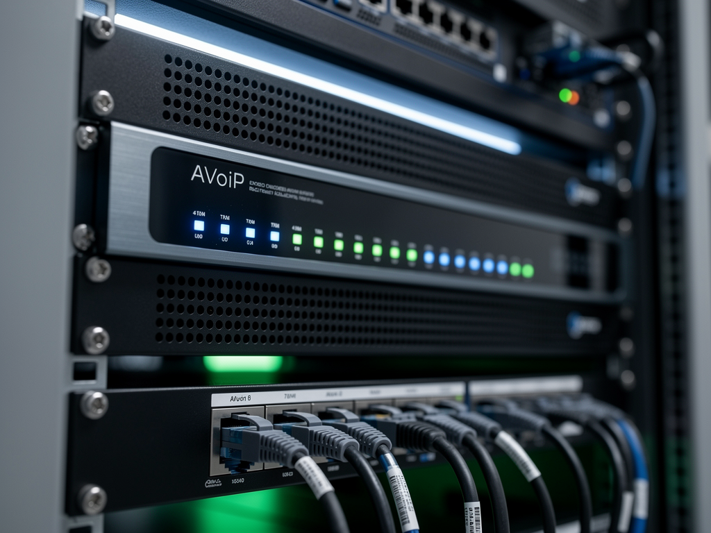 Close-up view of a rack-mounted AVoIP encoder unit with illuminated status LEDs and secure network connections, professional data center lighting casting subtle shadows, emphasizing the industrial design and security features of the equipment