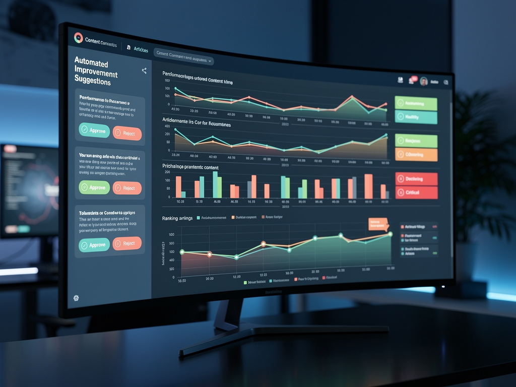 Content monitoring dashboard displaying performance trends for multiple articles with color-coded status indicators showing healthy, declining, and critical content, automated fix suggestions panel with approve and reject buttons, timeline visualization of ranking changes