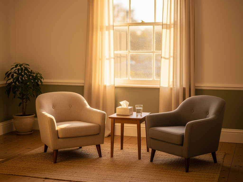 A calm therapy room in a British townhouse setting with two comfortable armchairs facing each other, soft natural light streaming through a window with sheer curtains, warm neutral tones, a small side table with a tissue box and water glass, creating an inviting and professional atmosphere for therapeutic conversation
