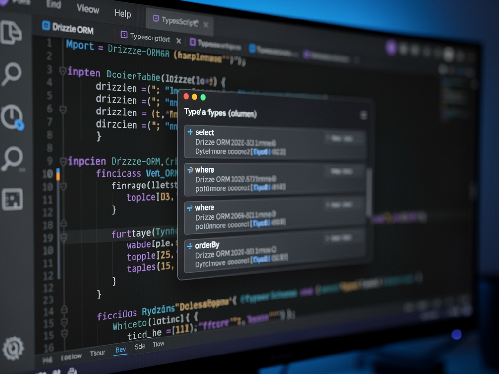 TypeScript IDE screenshot showing autocomplete suggestions for a Drizzle ORM query with type inference displaying available columns and their types, featuring a dark theme code editor with IntelliSense popup showing select, where, and orderBy options with type annotations