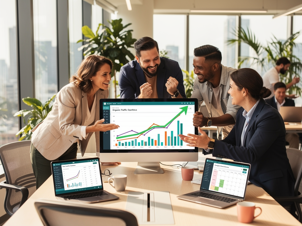 Professional marketing team celebrating content success with laptops showing positive analytics graphs, modern office environment with plants and natural light, diverse group expressing satisfaction and achievement, warm and inspiring atmosphere suggesting business growth and success