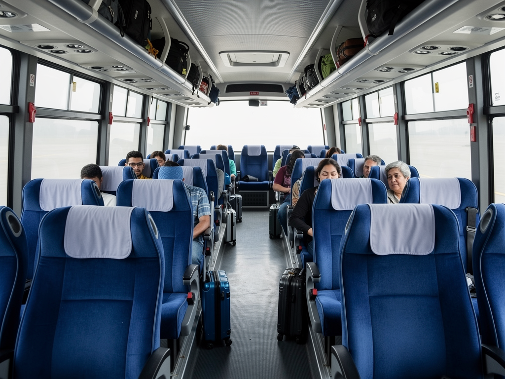 Interior view of a BMTC Vayu Vajra bus showing comfortable reclining seats with blue fabric upholstery, spacious legroom, overhead luggage racks, air conditioning vents, and large tinted windows, passengers seated comfortably with carry-on bags, clean and well-maintained cabin environment