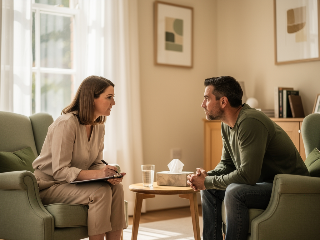 A therapy session in progress showing a therapist and client in comfortable chairs in a warm, professionally decorated consulting room with natural light streaming through windows. The scene conveys safety, trust, and collaborative conversation in a British clinical setting.