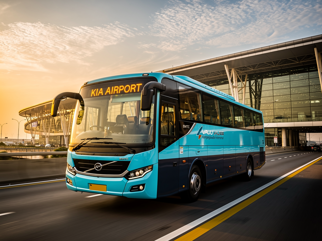 A BMTC Vayu Vajra Volvo airport coach traveling on the Bangalore airport expressway during golden hour, the bright cyan-blue bus with dark blue lower panels moving smoothly on the dedicated bus lane, Kempegowda International Airport terminal building visible in the distance, clear sky with warm sunset lighting reflecting off the bus windows