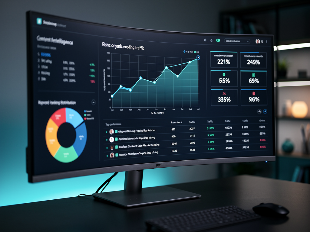 Analytics dashboard showing content performance metrics including organic traffic trend line over 12 months, keyword ranking distribution pie chart, top performing articles table with traffic and conversion data, and month-over-month comparison cards, professional business intelligence style visualization