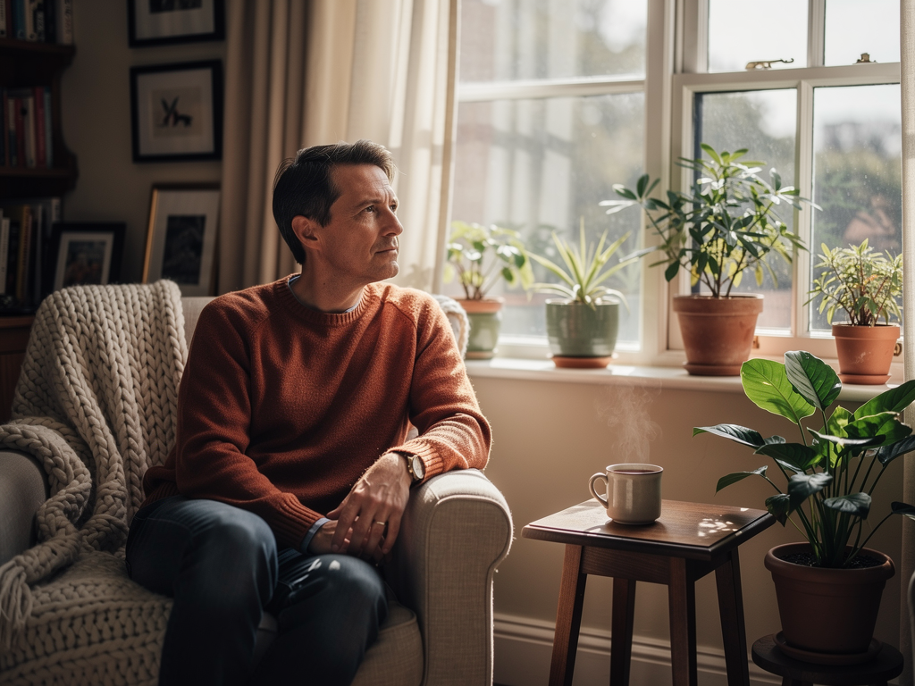A contemplative adult sitting alone by a window in a cosy British living room, soft natural daylight filtering through sheer curtains, warm neutral tones creating a reflective atmosphere, the person gazing thoughtfully outward suggesting introspection about relationships and emotional patterns
