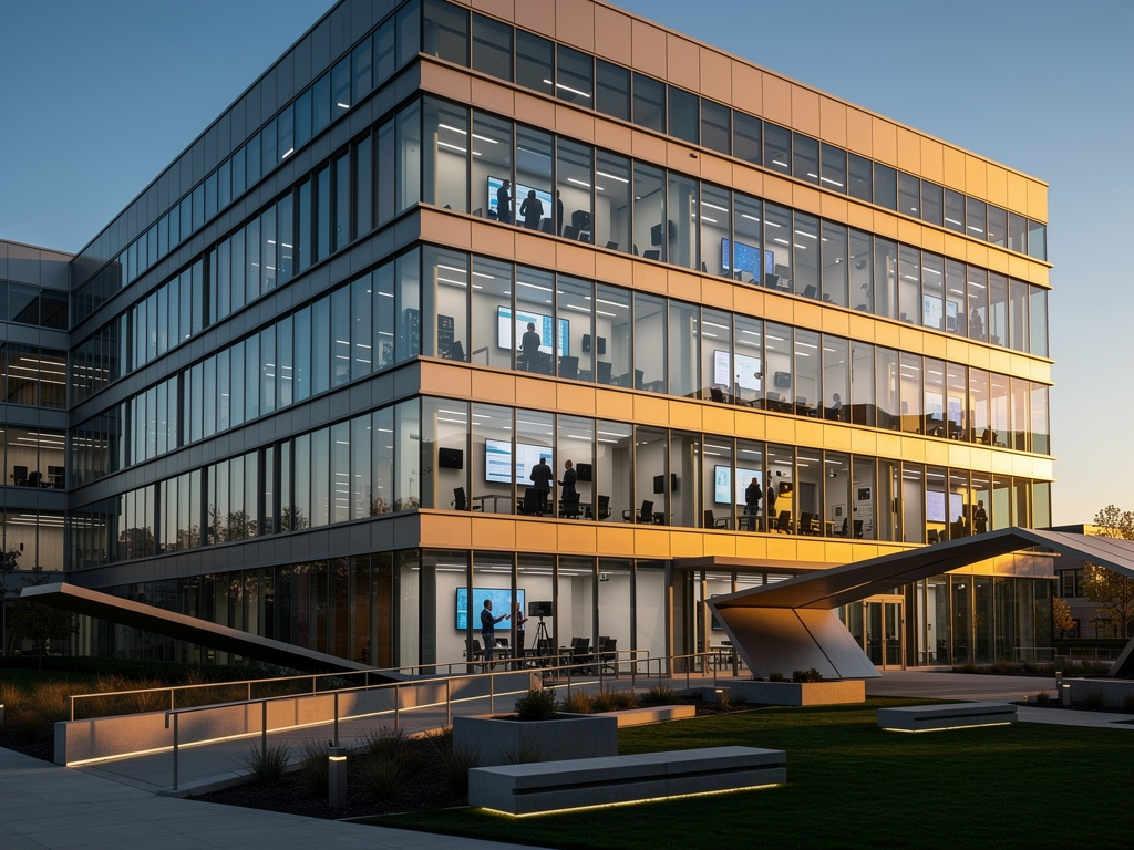 Modern corporate campus building exterior with multiple meeting rooms visible through windows, each equipped with display screens, suggesting large-scale AVoIP deployment across enterprise facility, photographed during golden hour with warm lighting