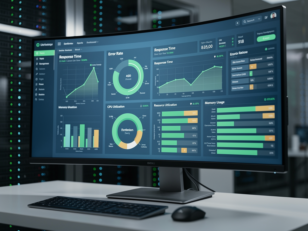 Performance monitoring dashboard showing response time graphs, error rate charts, and resource utilization metrics with green indicators for healthy systems and yellow warnings for areas needing attention