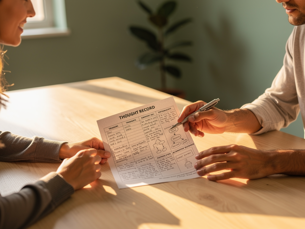 A therapist and client working together at a table, reviewing a thought record worksheet with diagrams and notes, warm afternoon light creating a collaborative and productive atmosphere