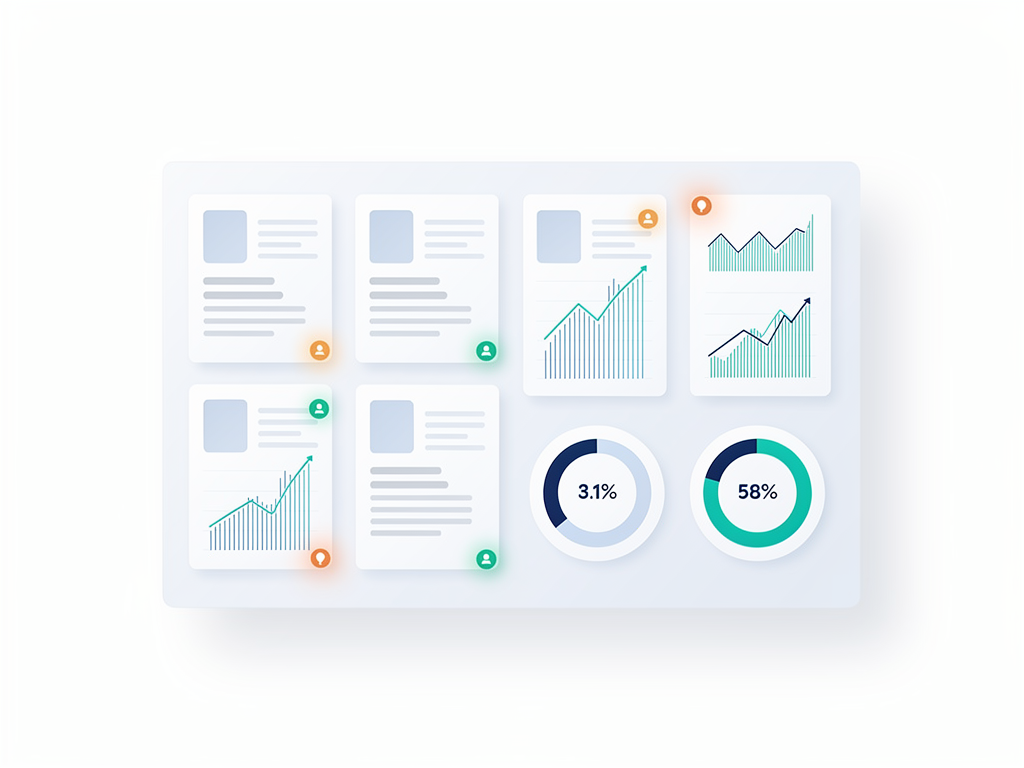 Rankability content monitoring dashboard showing multiple articles with ranking trend graphs, decay alerts, and optimization scores with specific improvement recommendations listed for each piece