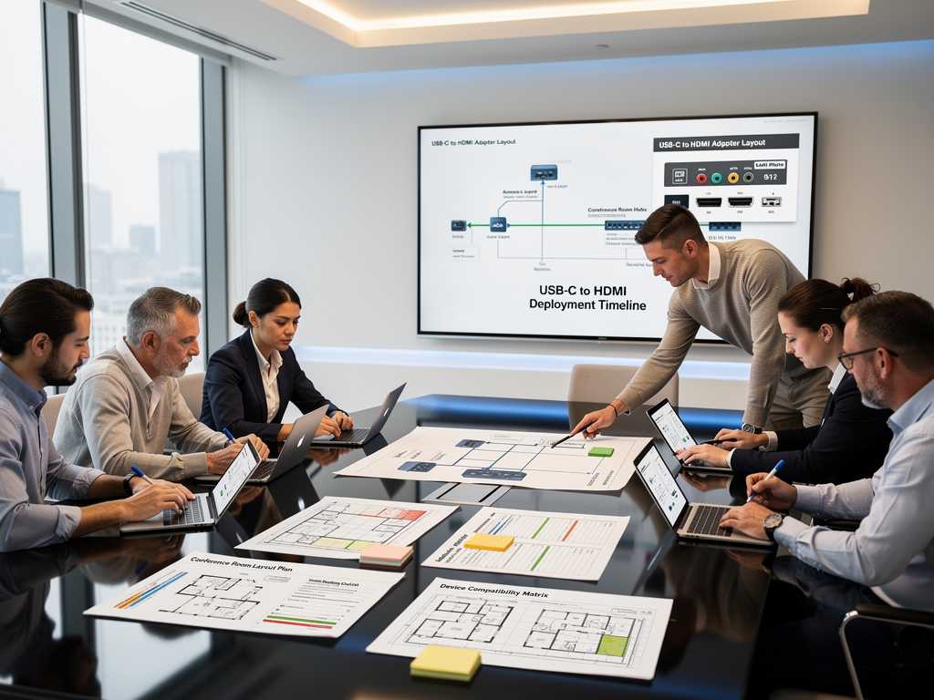 A project planning meeting in a modern conference room with team members reviewing deployment timelines on a large wall-mounted display, architectural floor plans spread on the table, collaborative atmosphere with engaged participants taking notes
